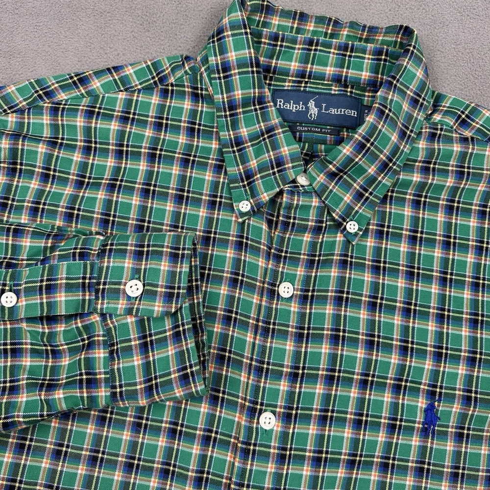 Ralph Lauren Button Down‎ Shirt Men's L Green Blue Plaid Long Sleeve Custom Fit